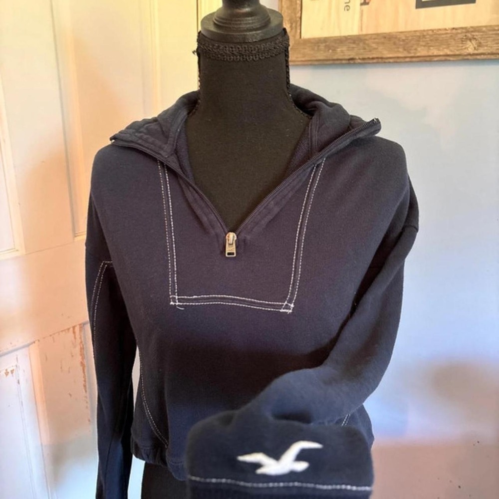 Hollister Womens XS Navy Blue Cropped Quarter Zip Pullover Sweatshirt Y2K 0219